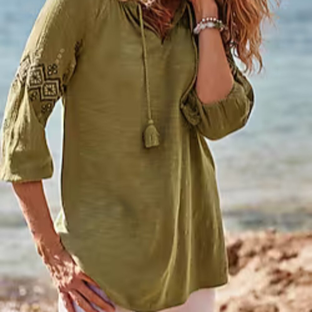 J. Jill Embroidered Peasant Tunic Top Green Size Large